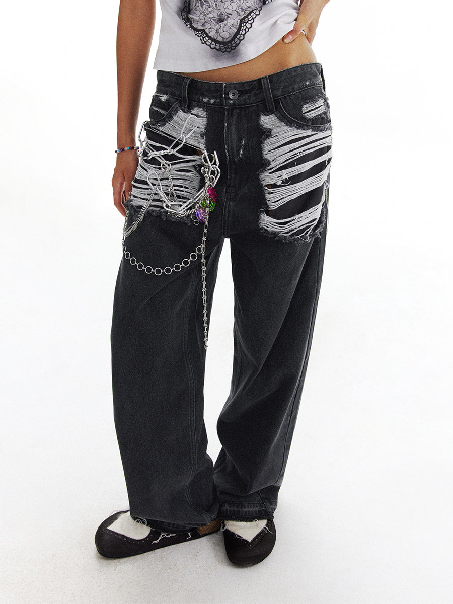 Heart Pendant Retro Distressed Straight Leg Pants [ID:0201PA]