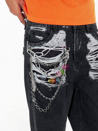 Heart Pendant Retro Distressed Straight Leg Pants [ID:0201PA]