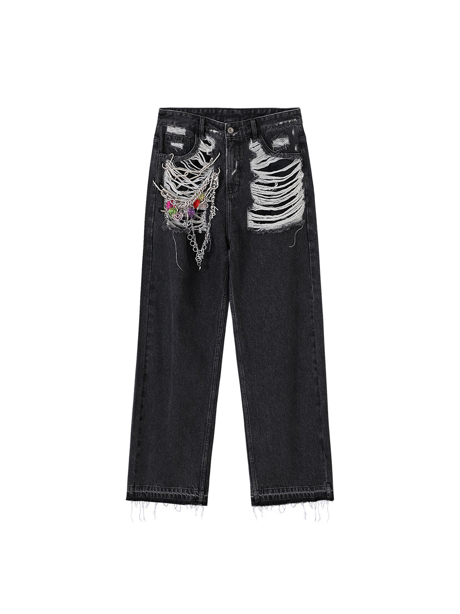 Heart Pendant Retro Distressed Straight Leg Pants [ID:0201PA]