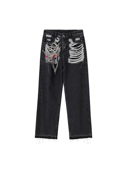 Heart Pendant Retro Distressed Straight Leg Pants [ID:0201PA]