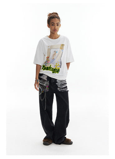 Heart Pendant Retro Distressed Straight Leg Pants [ID:0201PA]