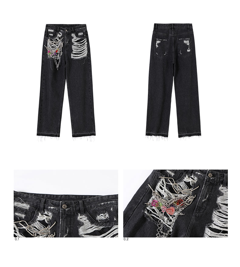 Heart Pendant Retro Distressed Straight Leg Pants [ID:0201PA]