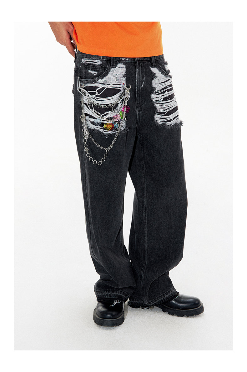 Heart Pendant Retro Distressed Straight Leg Pants [ID:0201PA]