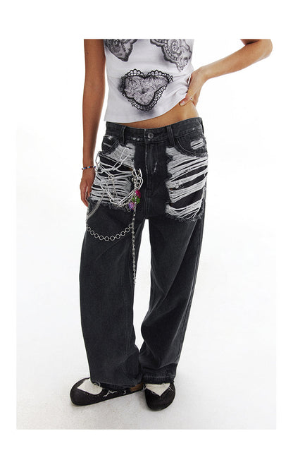 Heart Pendant Retro Distressed Straight Leg Pants [ID:0201PA]