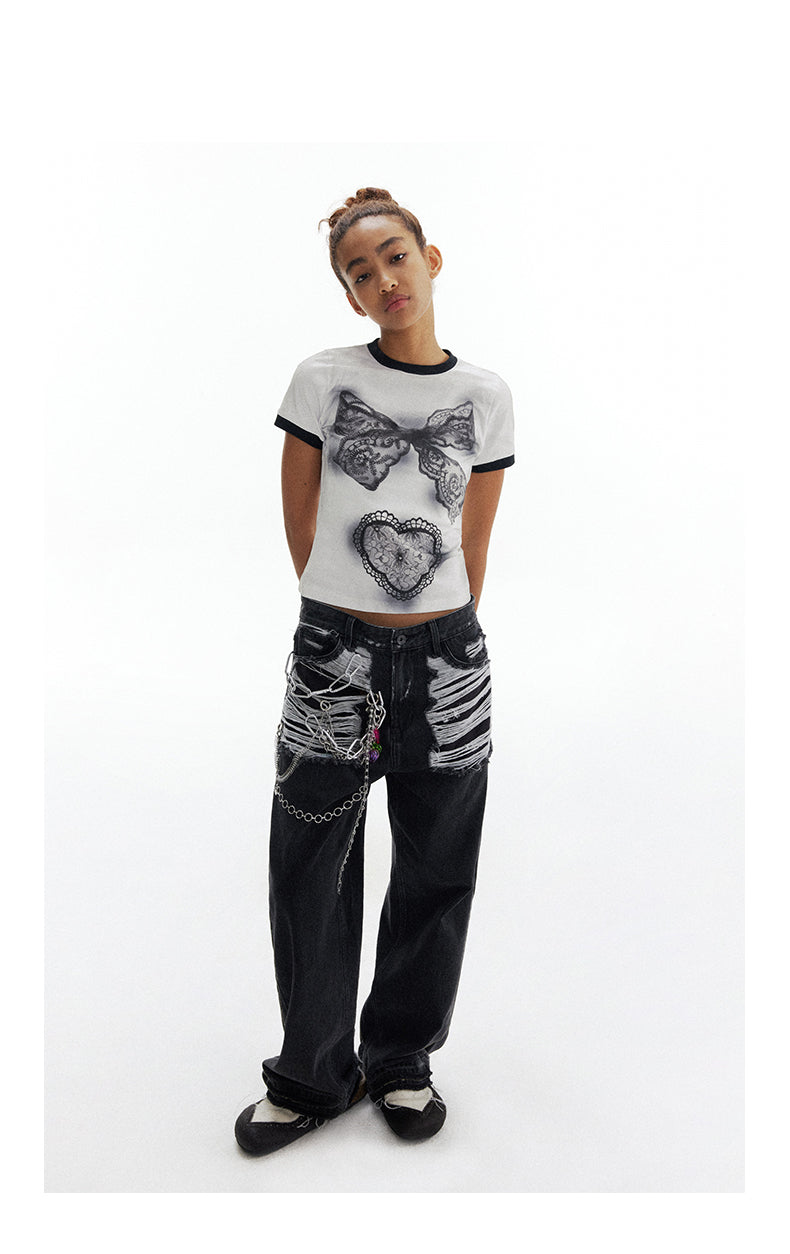 Heart Pendant Retro Distressed Straight Leg Pants [ID:0201PA]