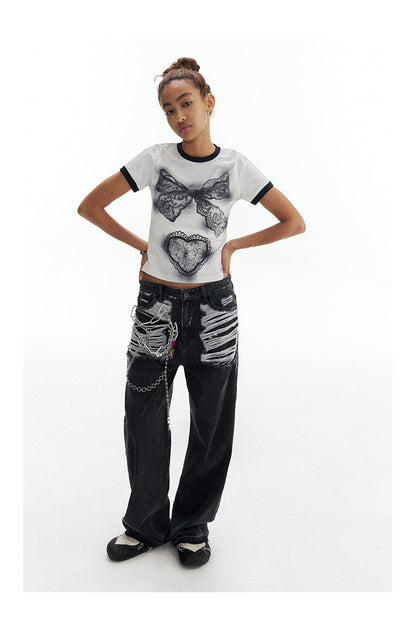 Heart Pendant Retro Distressed Straight Leg Pants [ID:0201PA]