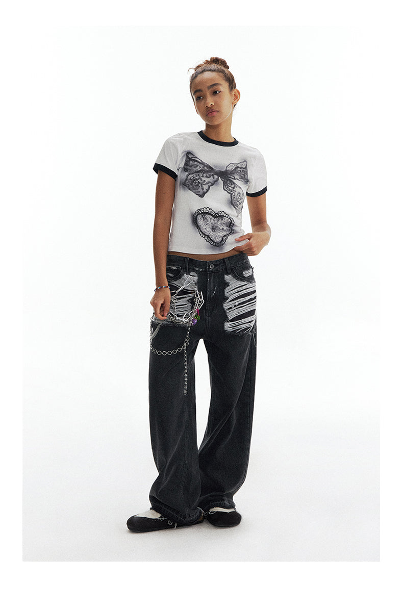 Heart Pendant Retro Distressed Straight Leg Pants [ID:0201PA]