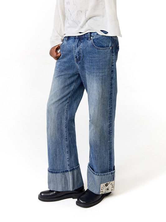 Envelope Folded Leg Denim Pants Vintage Bleached Long Pants [ID:0203PA]