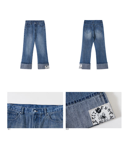 Envelope Folded Leg Denim Pants Vintage Bleached Long Pants [ID:0203PA]