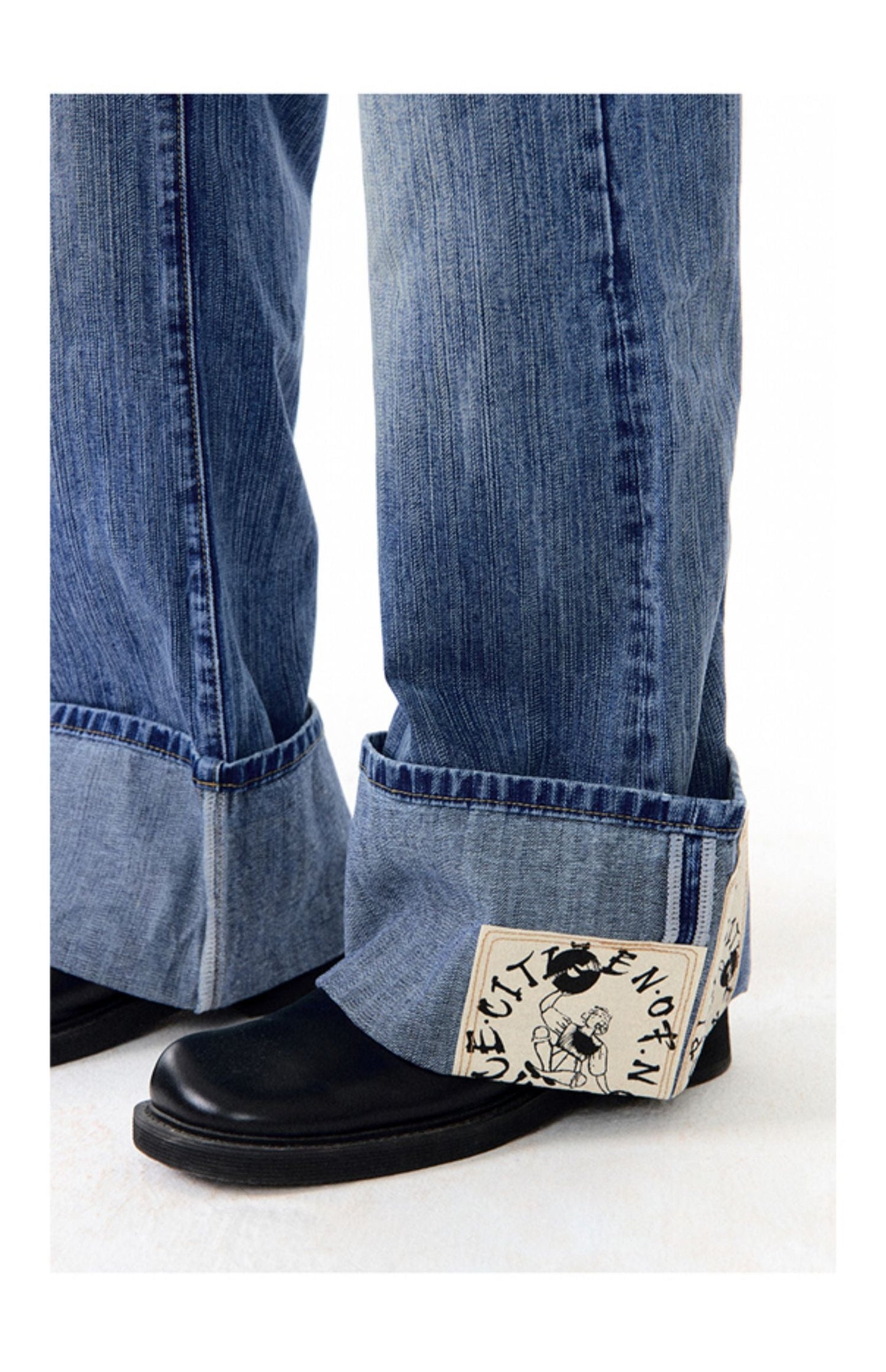 Envelope Folded Leg Denim Pants Vintage Bleached Long Pants [ID:0203PA]