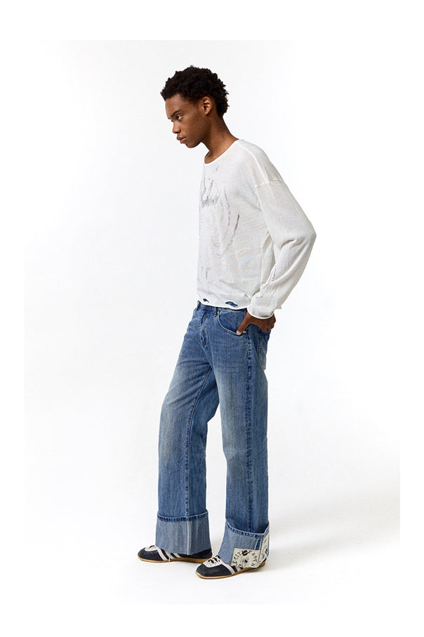 Envelope Folded Leg Denim Pants Vintage Bleached Long Pants [ID:0203PA]