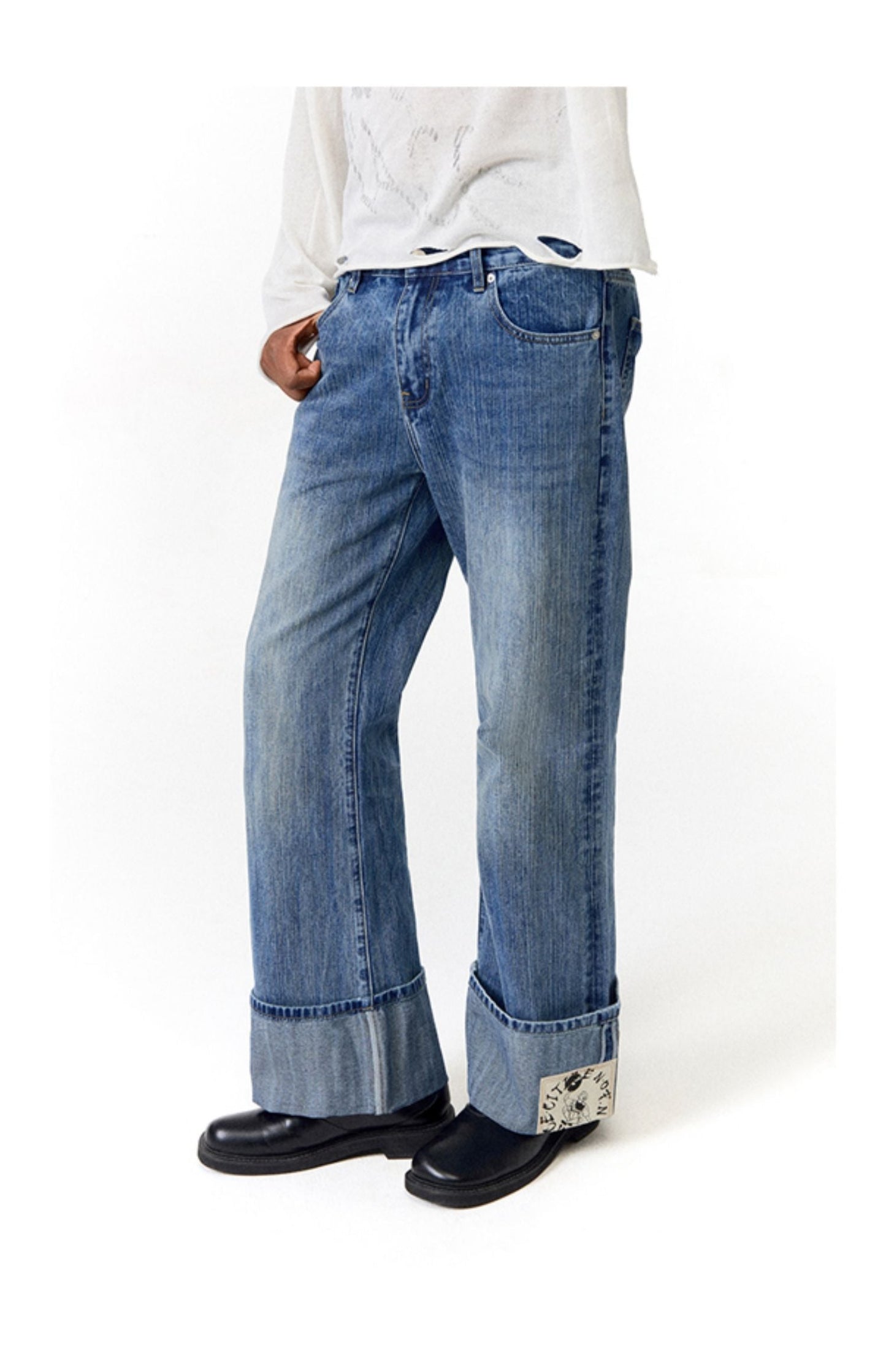 Envelope Folded Leg Denim Pants Vintage Bleached Long Pants [ID:0203PA]