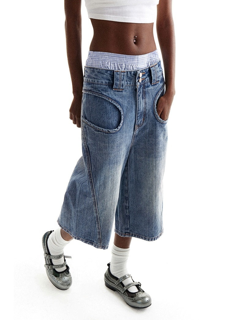 Curved Pocket Bamboo-Pattern Denim Pants [ID:0207PA]