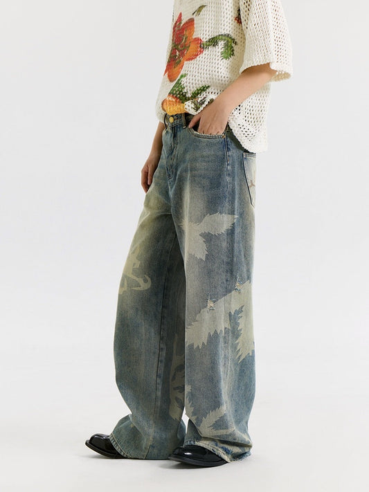 23SS Botanical Leaves Washed Denim Pants [ID:0208PA]