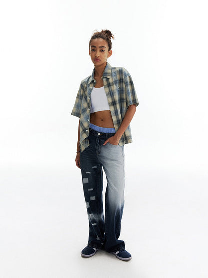 Patchwork Fade Asymmetric Wash Flared Denim Pants [ID:0209PA]