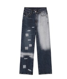 Patchwork Fade Asymmetric Wash Flared Denim Pants [ID:0209PA]