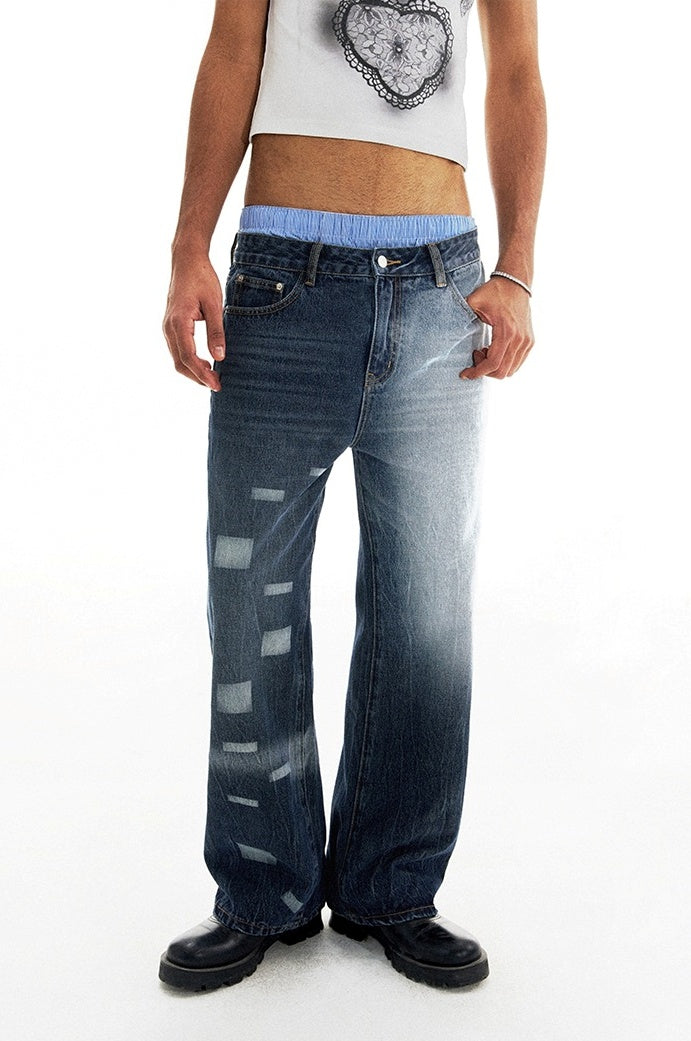 Patchwork Fade Asymmetric Wash Flared Denim Pants [ID:0209PA]