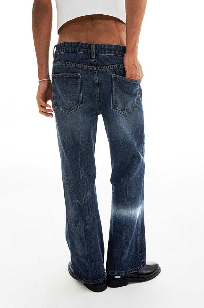 Patchwork Fade Asymmetric Wash Flared Denim Pants [ID:0209PA]