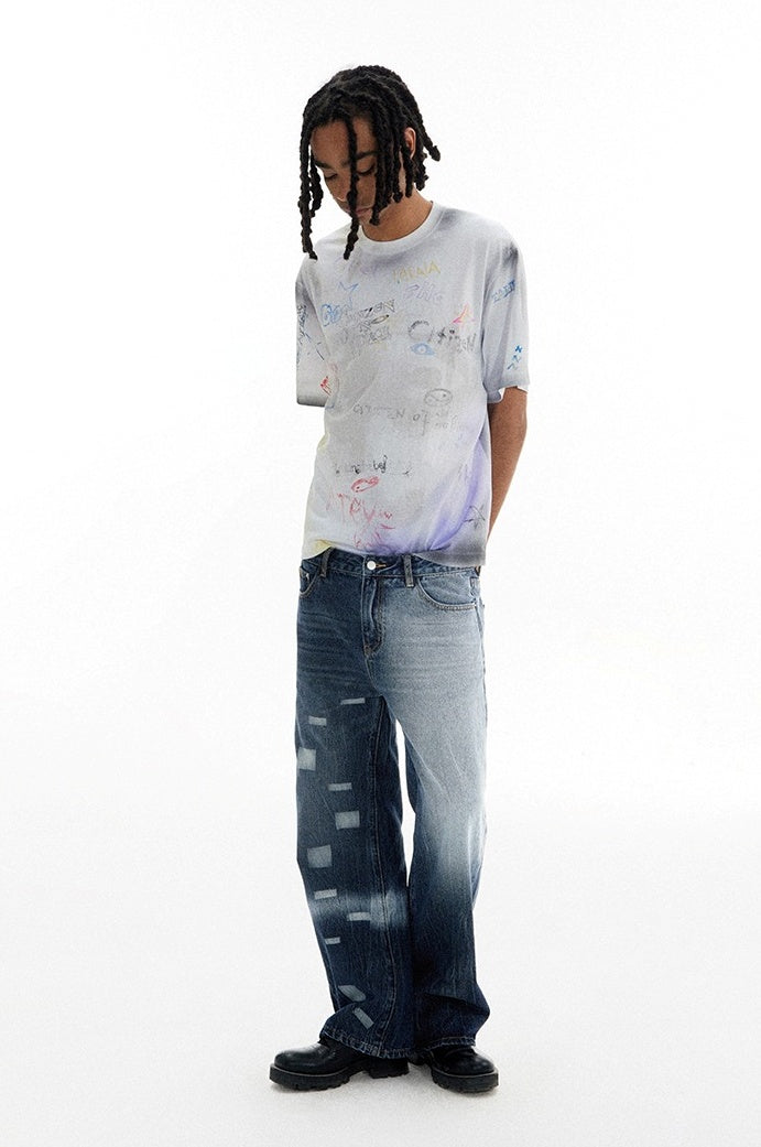 Patchwork Fade Asymmetric Wash Flared Denim Pants [ID:0209PA]