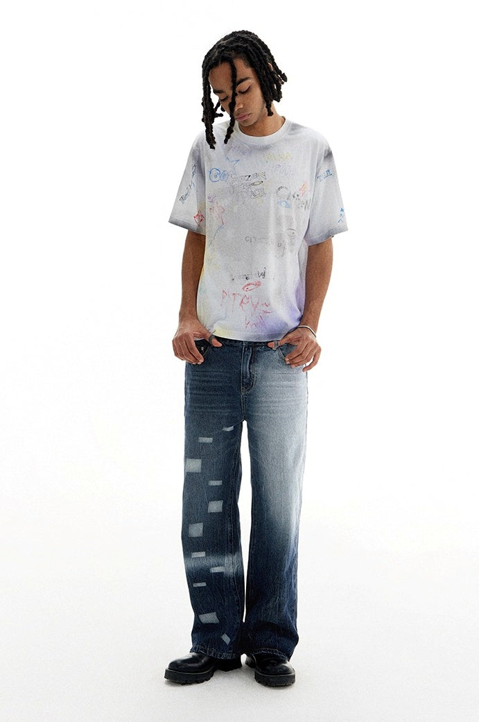 Patchwork Fade Asymmetric Wash Flared Denim Pants [ID:0209PA]