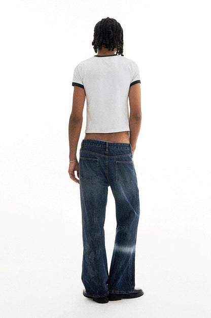 Patchwork Fade Asymmetric Wash Flared Denim Pants [ID:0209PA]