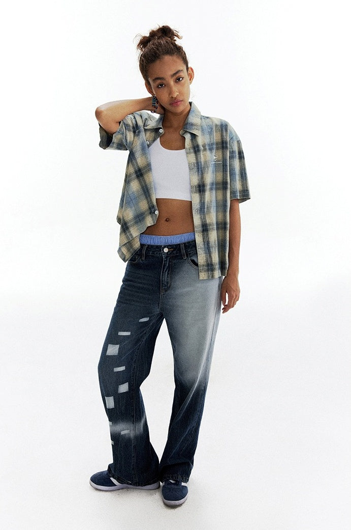 Patchwork Fade Asymmetric Wash Flared Denim Pants [ID:0209PA]