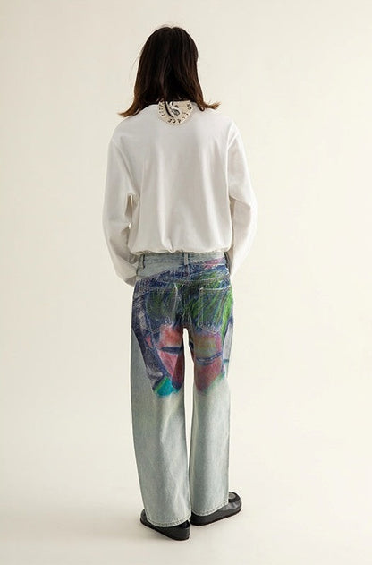 Shaved Painting Graphic Denim Pants [ID:0211PA]