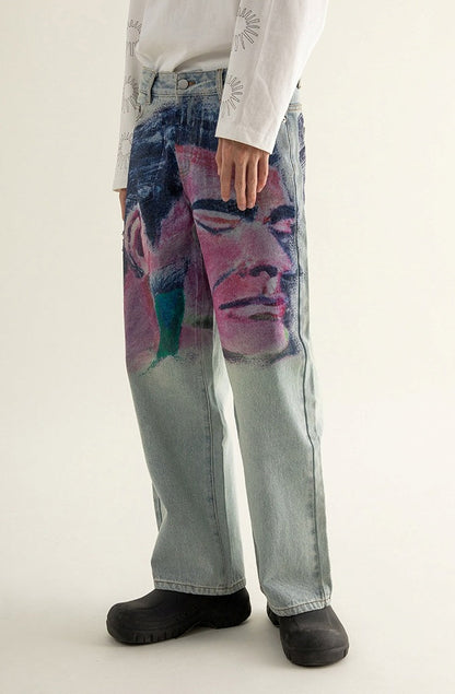 Shaved Painting Graphic Denim Pants [ID:0211PA]