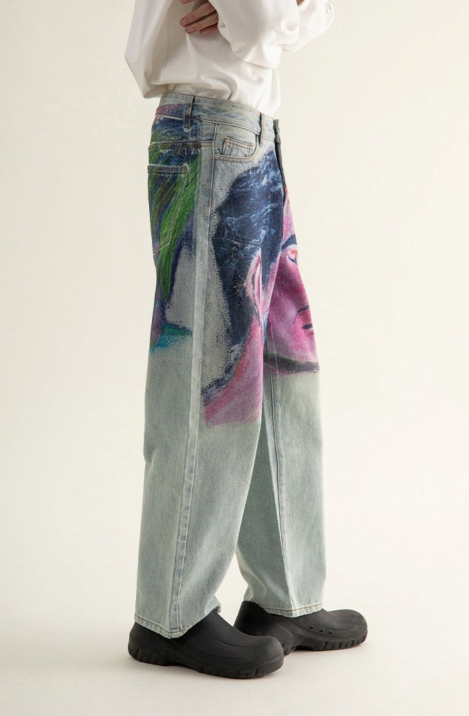 Shaved Painting Graphic Denim Pants [ID:0211PA]