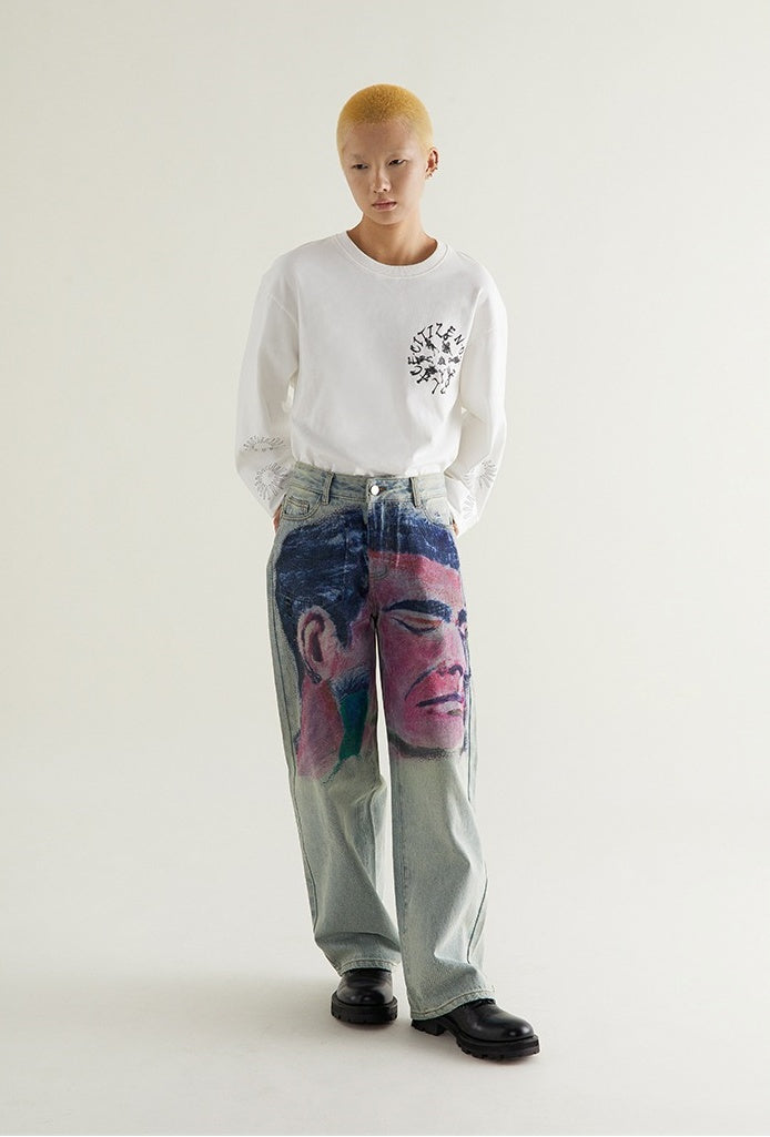 Shaved Painting Graphic Denim Pants [ID:0211PA]