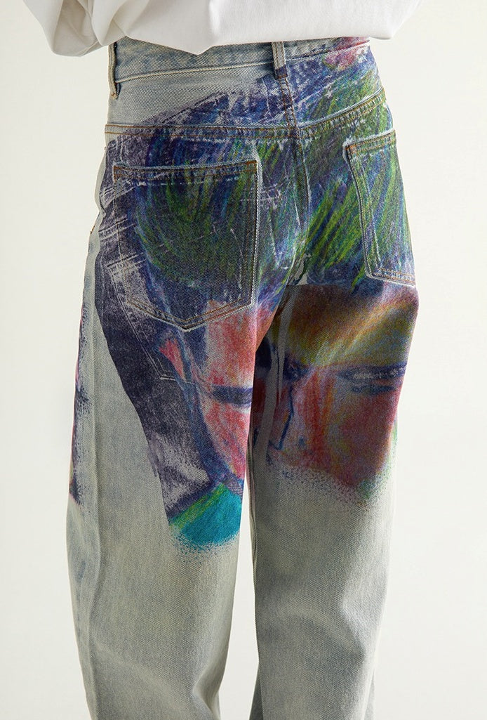 Shaved Painting Graphic Denim Pants [ID:0211PA]