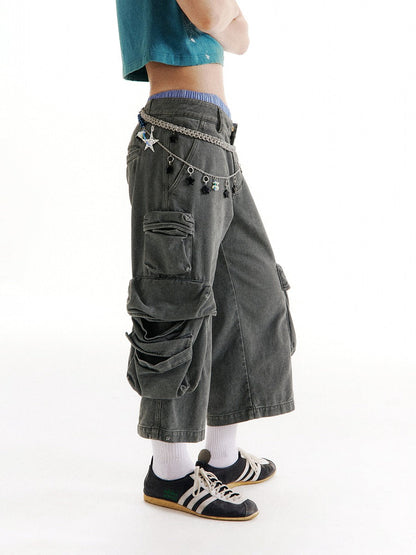 Mist Blue Mid-Low Rise 7/8 Cargo Utility Pants [ID:0213PA]