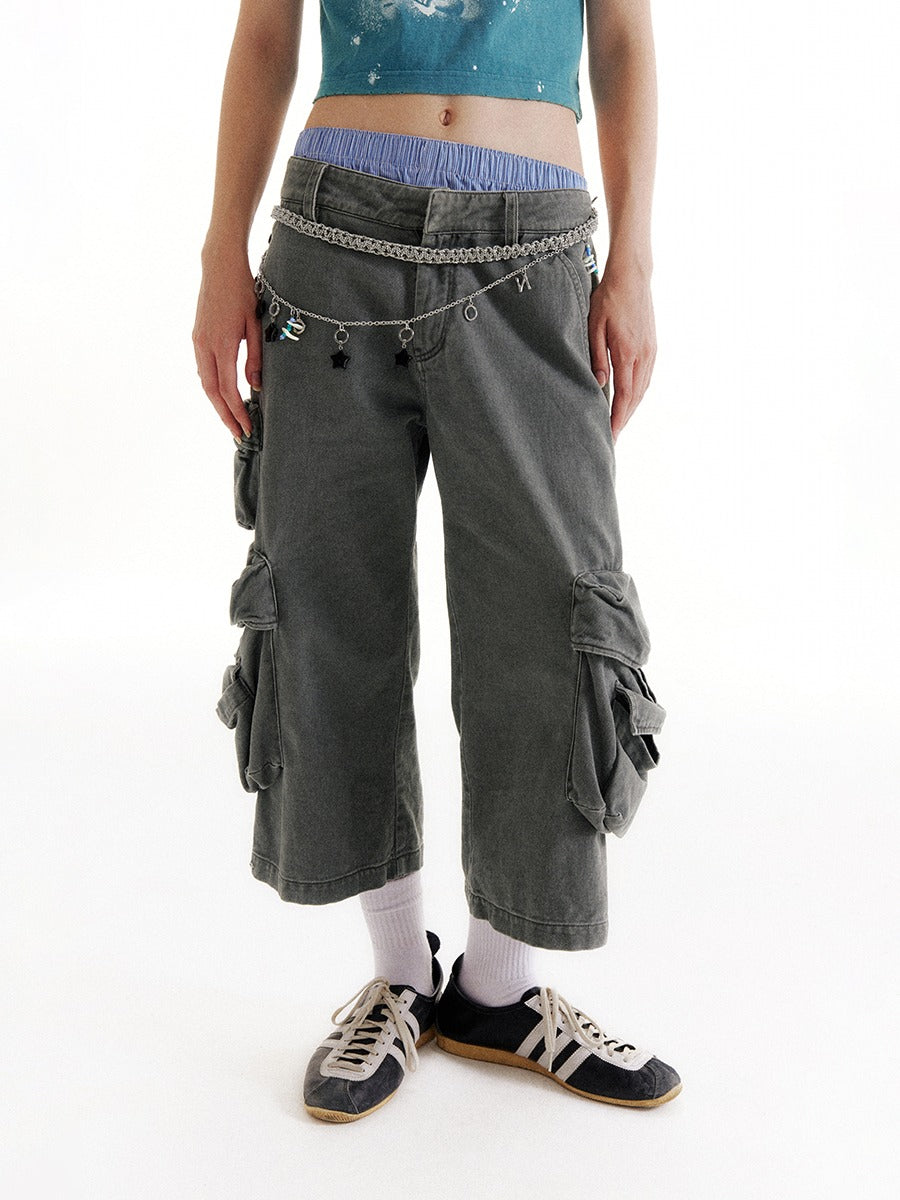 Mist Blue Mid-Low Rise 7/8 Cargo Utility Pants [ID:0213PA]