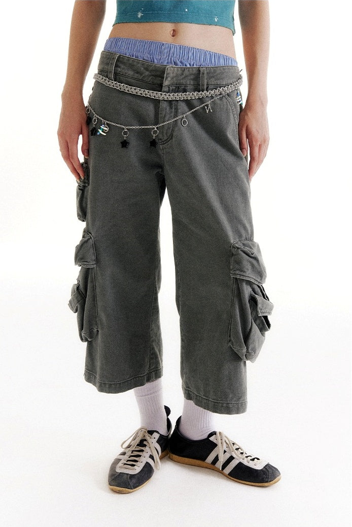 Mist Blue Mid-Low Rise 7/8 Cargo Utility Pants [ID:0213PA]