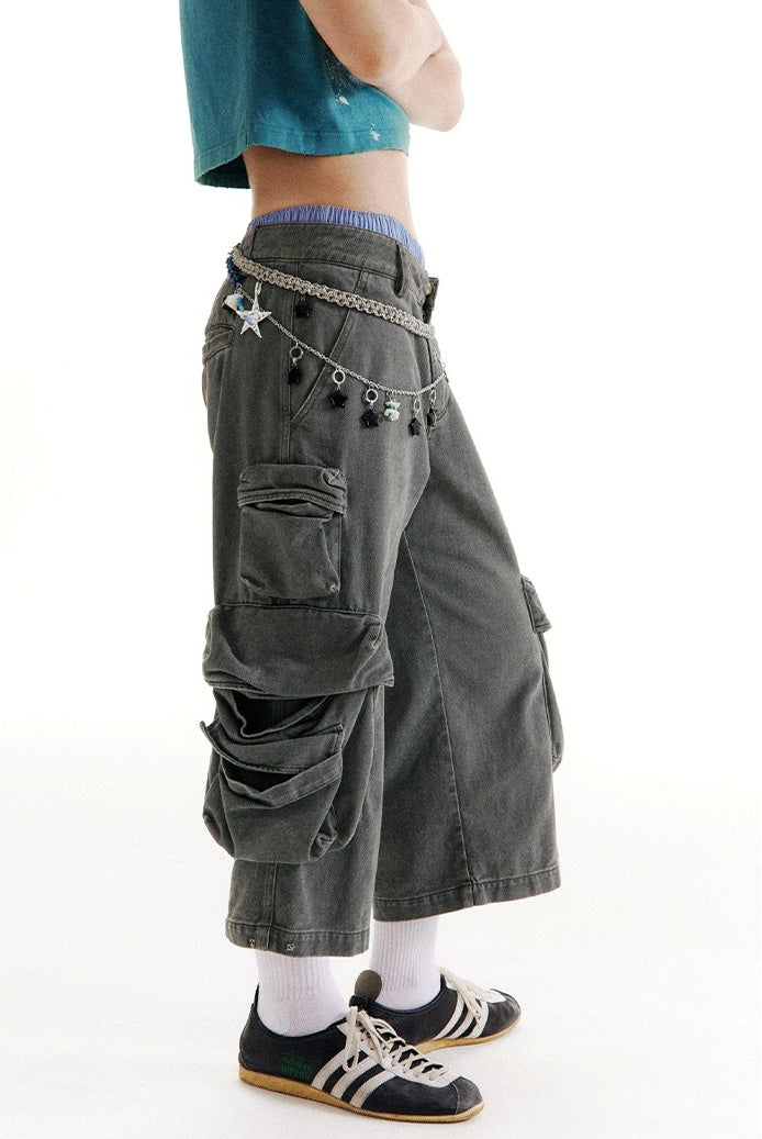 Mist Blue Mid-Low Rise 7/8 Cargo Utility Pants [ID:0213PA]