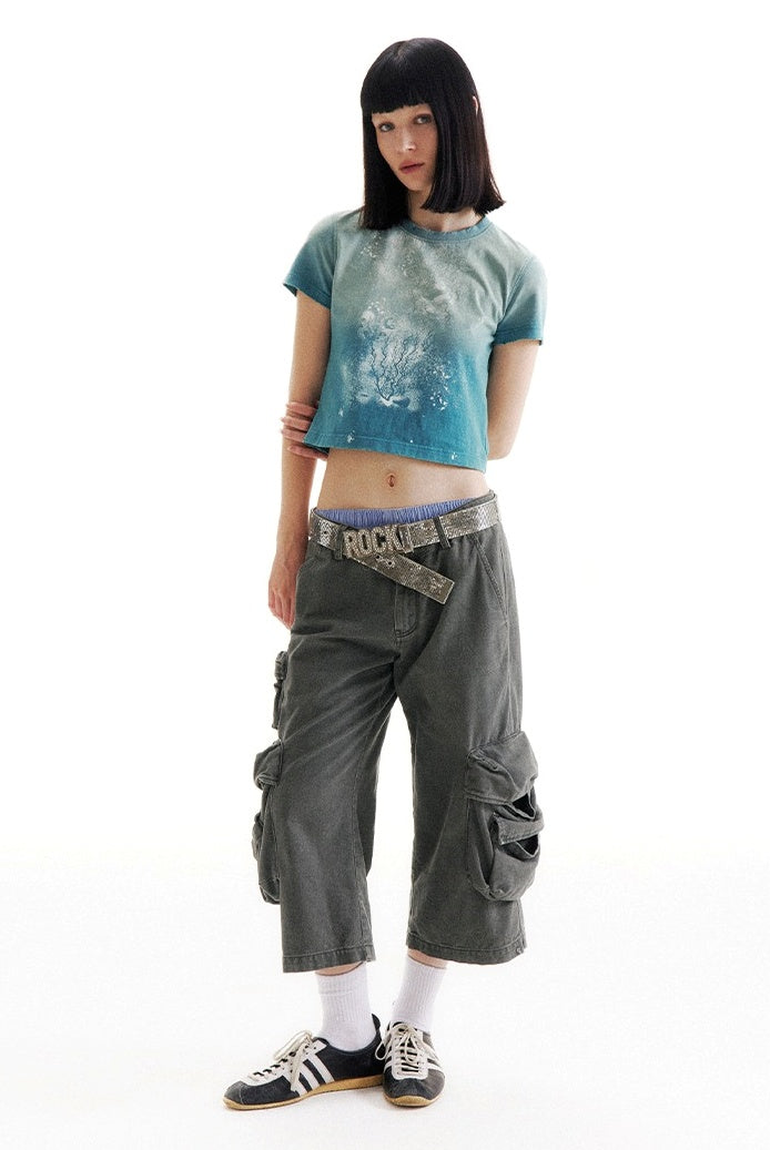 Mist Blue Mid-Low Rise 7/8 Cargo Utility Pants [ID:0213PA]