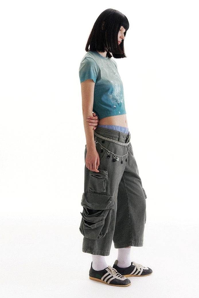 Mist Blue Mid-Low Rise 7/8 Cargo Utility Pants [ID:0213PA]