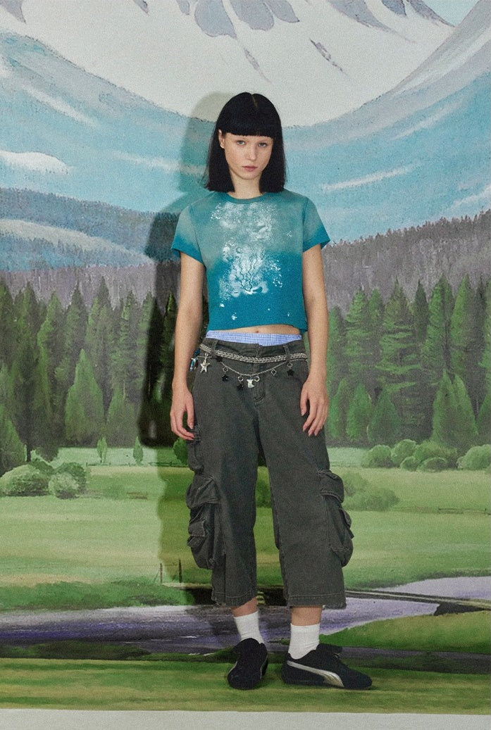 Mist Blue Mid-Low Rise 7/8 Cargo Utility Pants [ID:0213PA]