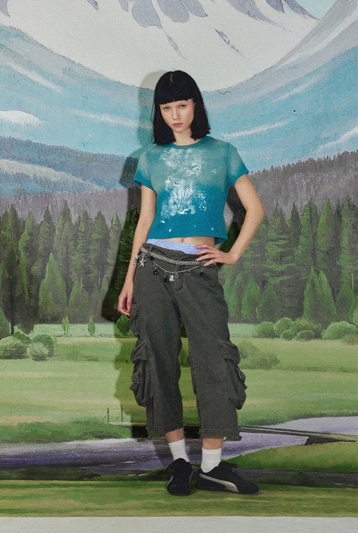 Mist Blue Mid-Low Rise 7/8 Cargo Utility Pants [ID:0213PA]