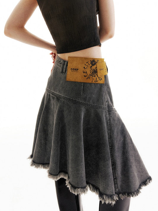 Dislocated Label Vintage Washed Denim Skirt [ID:0215SK]