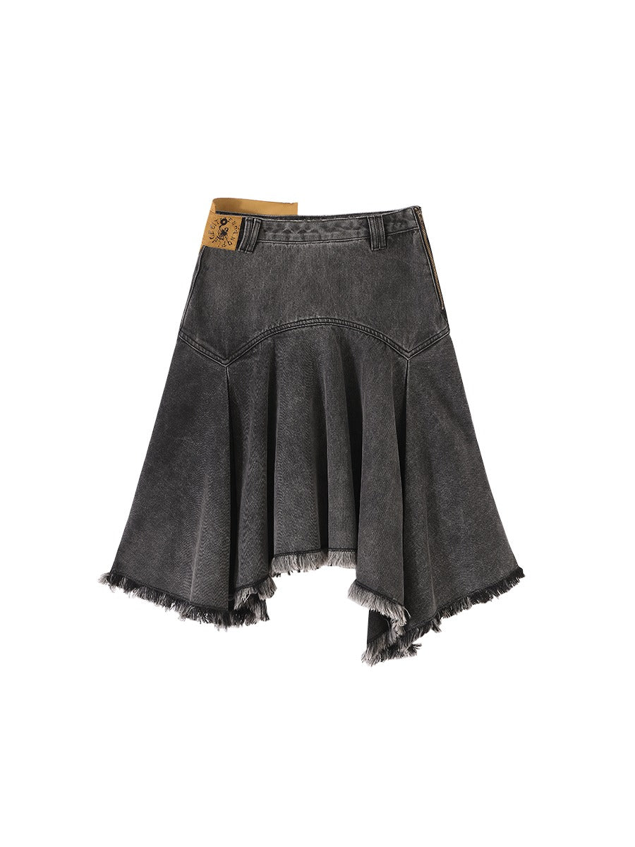 Dislocated Label Vintage Washed Denim Skirt [ID:0215SK]