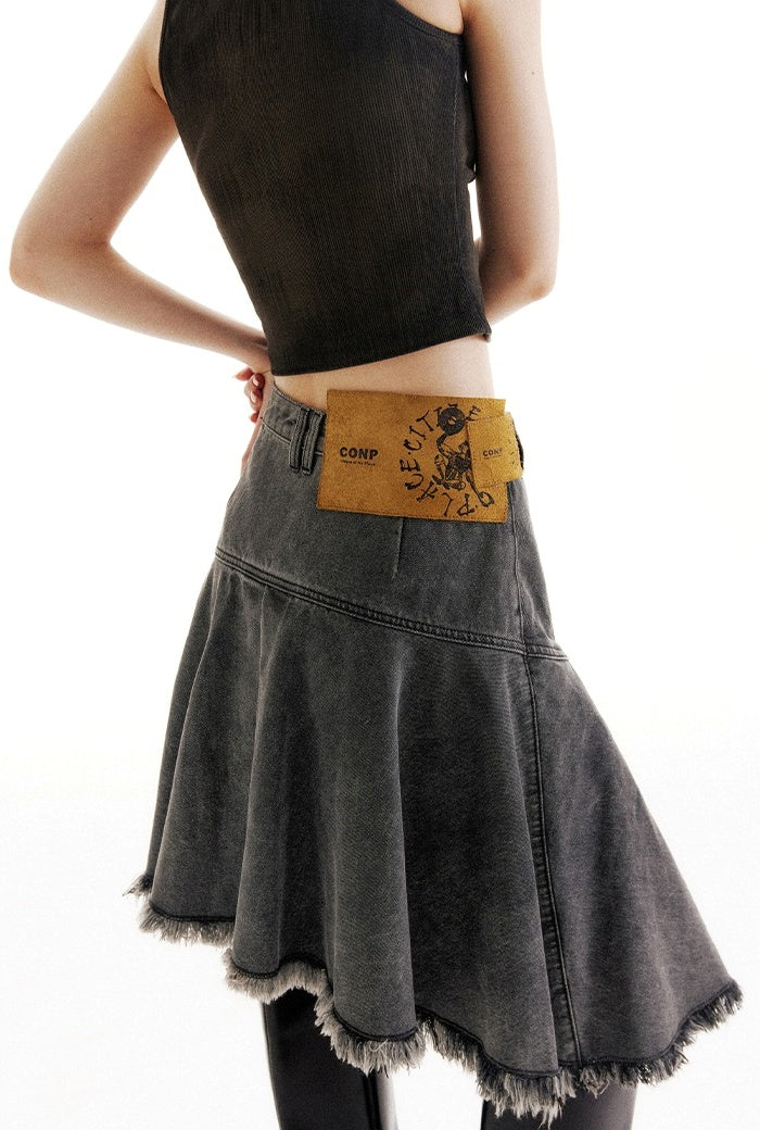 Dislocated Label Vintage Washed Denim Skirt [ID:0215SK]