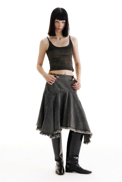 Dislocated Label Vintage Washed Denim Skirt [ID:0215SK]