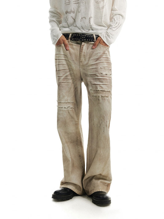 Distressed Patchwork Wide-Leg Dirty Denim Pants [ID:0216PA]