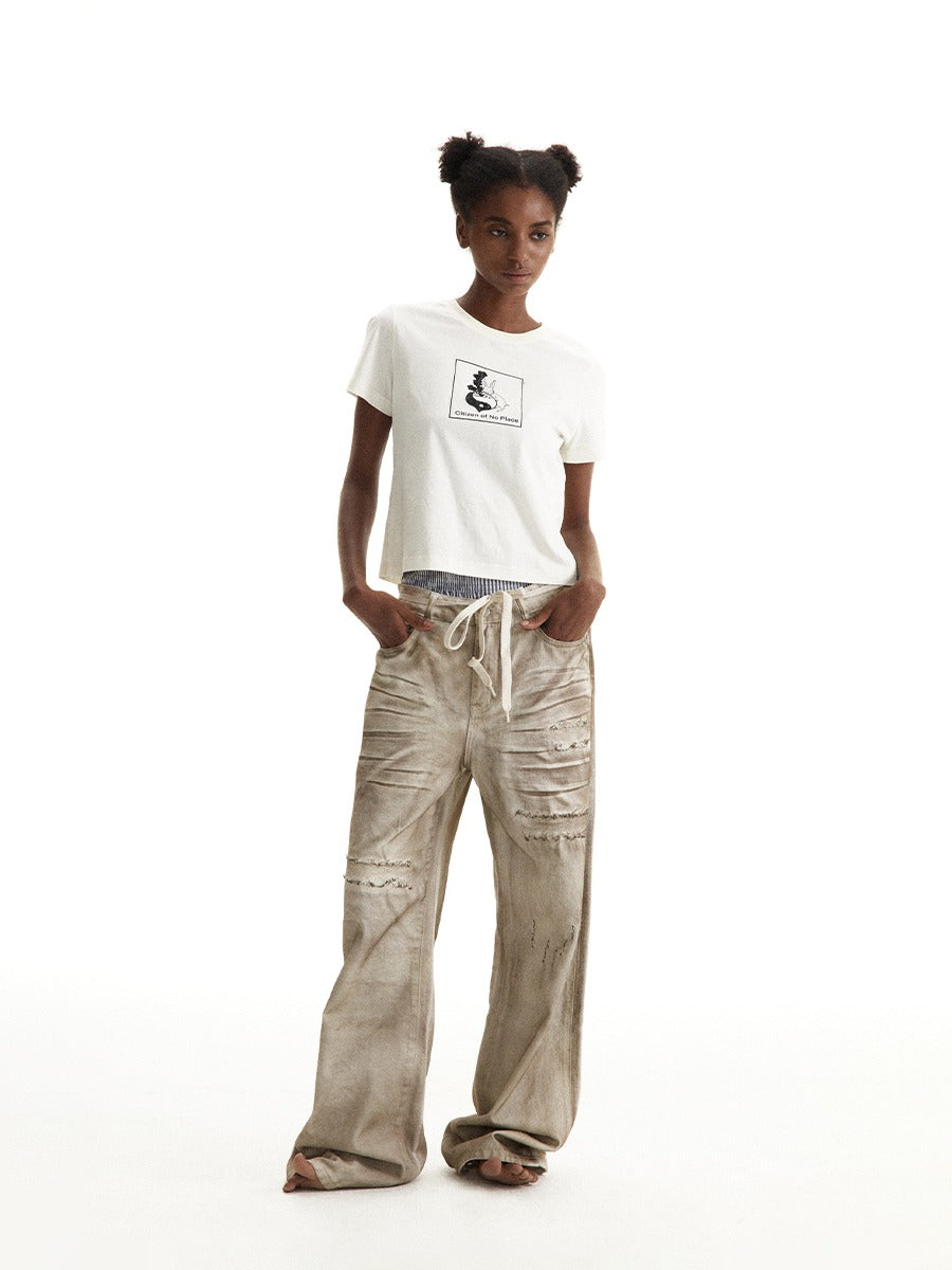 CONP Distressed Patchwork Wide-Leg Dirty Denim Pants デニムパンツ