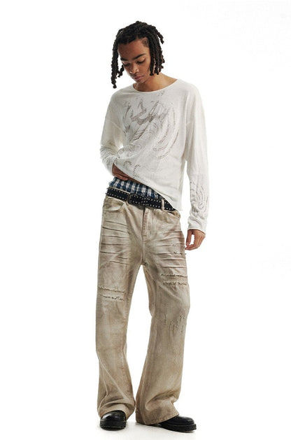 Distressed Patchwork Wide-Leg Dirty Denim Pants [ID:0216PA]