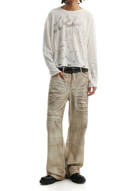 Distressed Patchwork Wide-Leg Dirty Denim Pants [ID:0216PA]