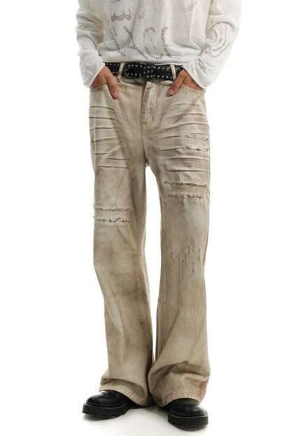 Distressed Patchwork Wide-Leg Dirty Denim Pants [ID:0216PA]