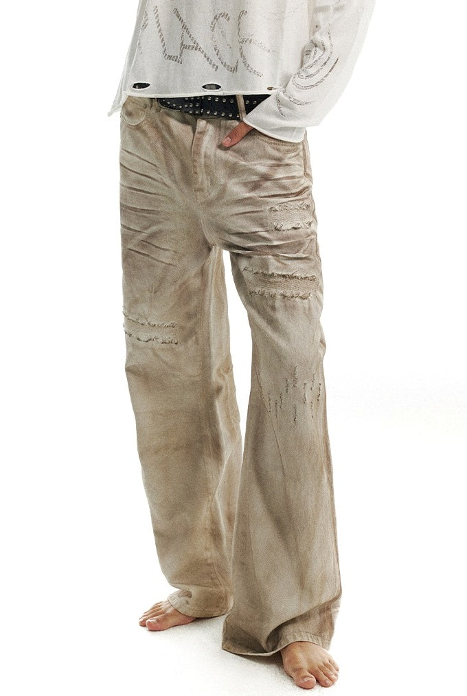 Distressed Patchwork Wide-Leg Dirty Denim Pants [ID:0216PA]