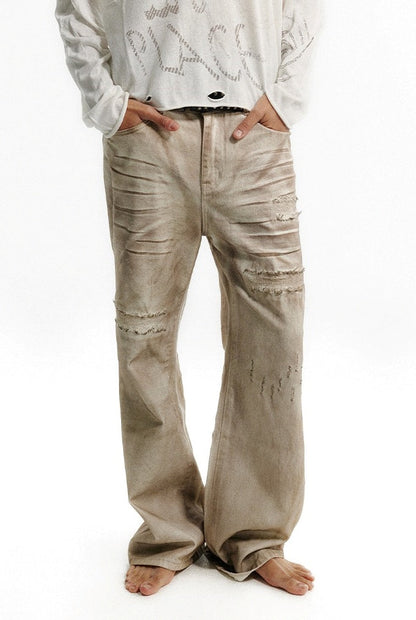 Distressed Patchwork Wide-Leg Dirty Denim Pants [ID:0216PA]